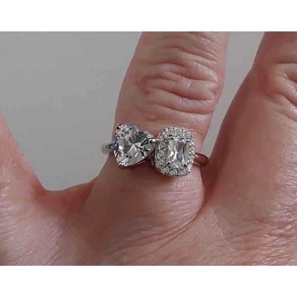 BNIB~3.45 Ct. DIAMONIQUE Heart & Cushion Halo Design Toi et Moi Ring Sz 8 - Picture 1 of 7